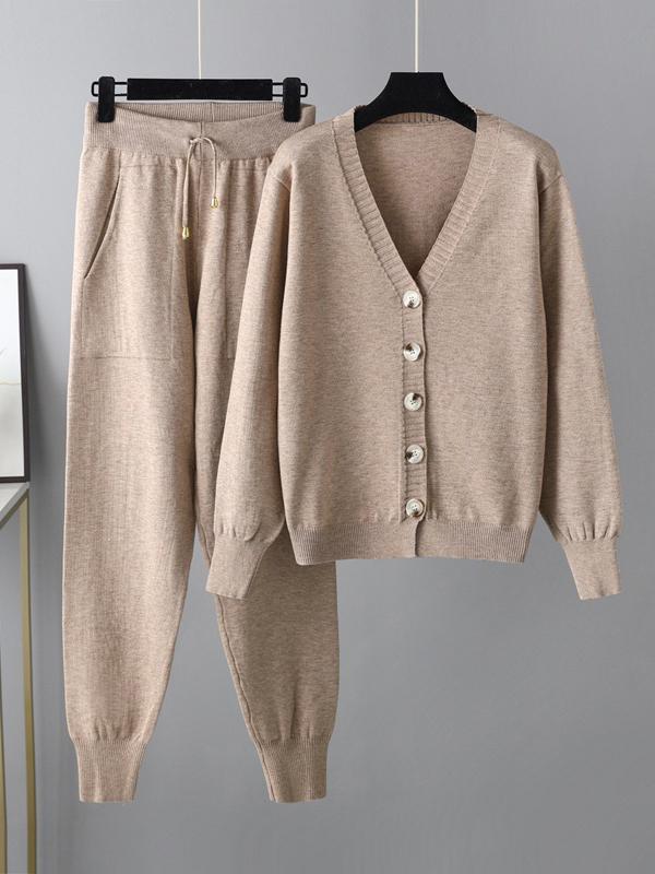 Casual Loose Solid Color V-Neck Cardigan Tops & Harem Pants Two Pieces Set Product Image