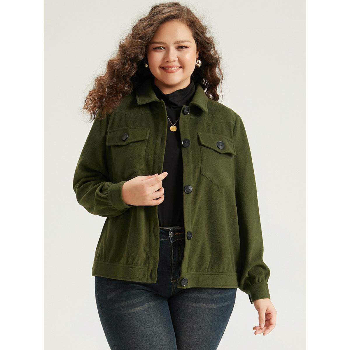 Plus Size Plain Pocket Button Up Shacket Women ArmyGreen Plain Pocket Everyday Jackets BloomChic 22-24/3X Product Image