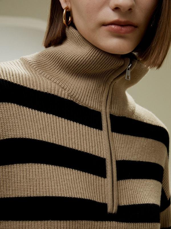 LILYSILK Wool Women's Sweaters Camel with Black Stripes Merino Wool Comfortable Dropped-Shoulder Sweater S Product Image