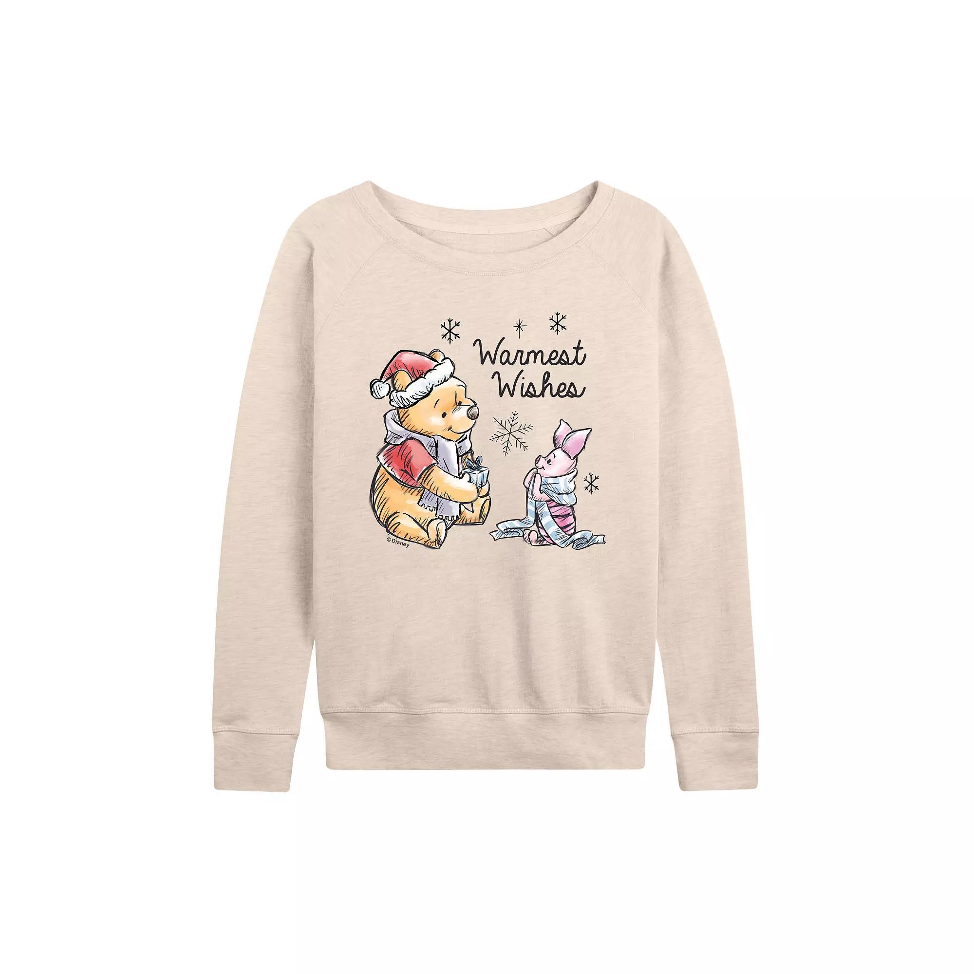 DIsney's Winnie The Pooh Piglet & Pooh Women's Warmest Wishes French Terry Long Sleeve Tee, Size: Medium, Beige Product Image