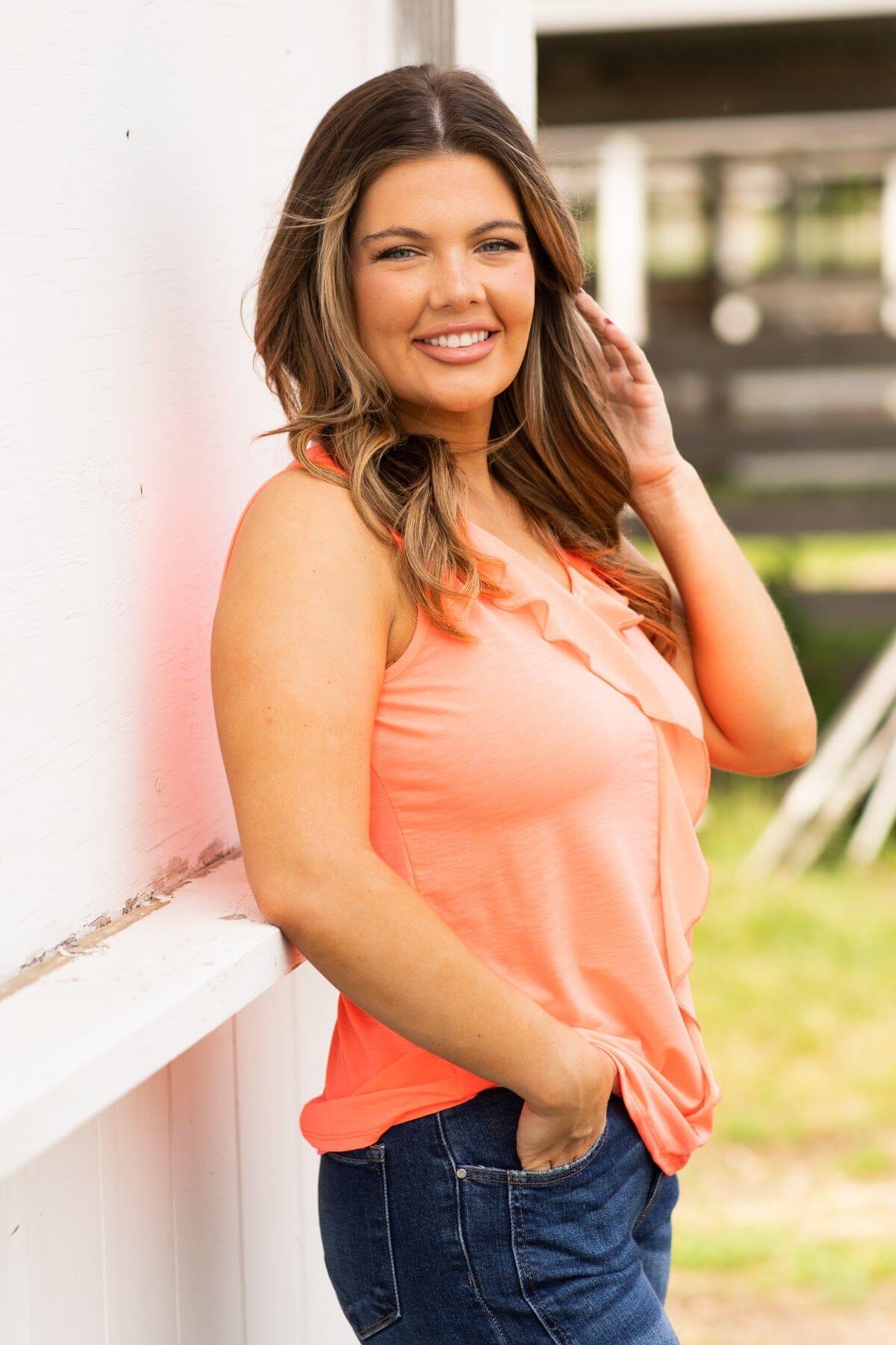 Neon Coral Tank With Front Ruffle Detail Product Image