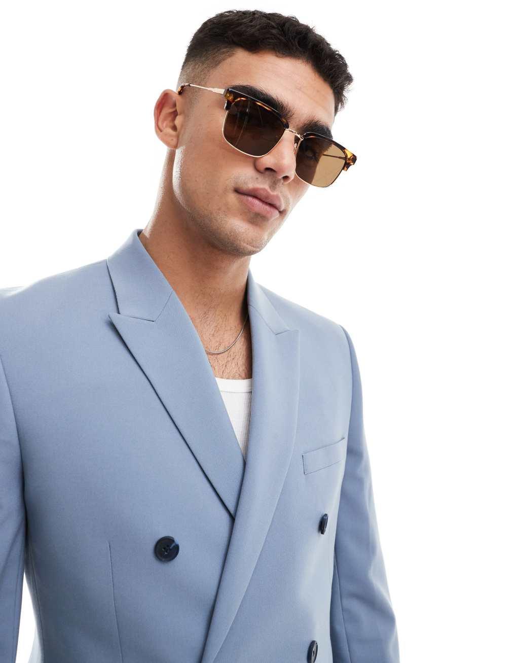 ASOS DESIGN skinny double breasted blazer in blue Product Image