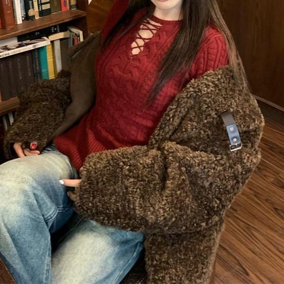 Long-Sleeve Round Neck Cutout Cable Knit Top Product Image