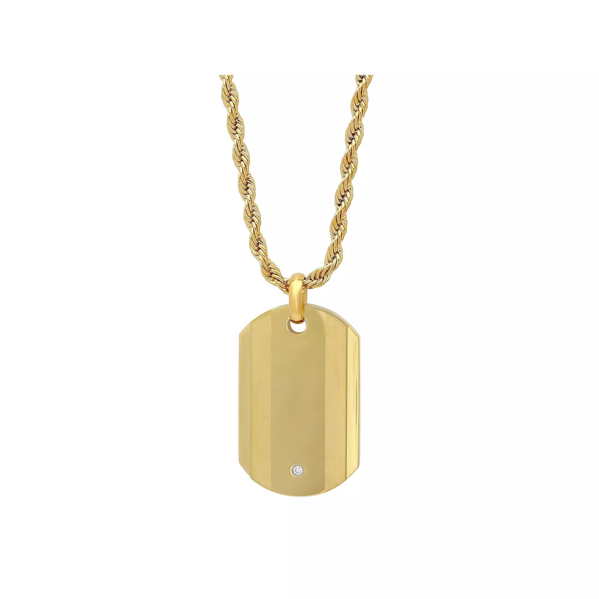 Two Tone Cubic Zirconia Dog Tag Pendant Necklace, Mens Gold Tone Product Image