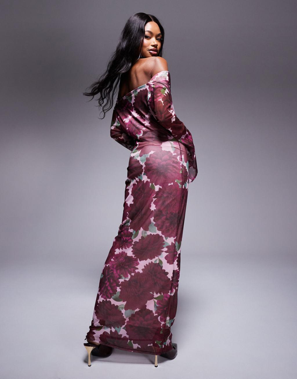 ASOS DESIGN cowl front mesh maxi dress with flare sleeve in print Product Image