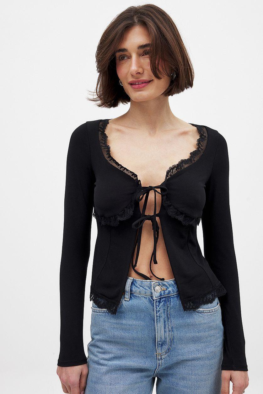 Long Sleeve Lace Tie Top Product Image