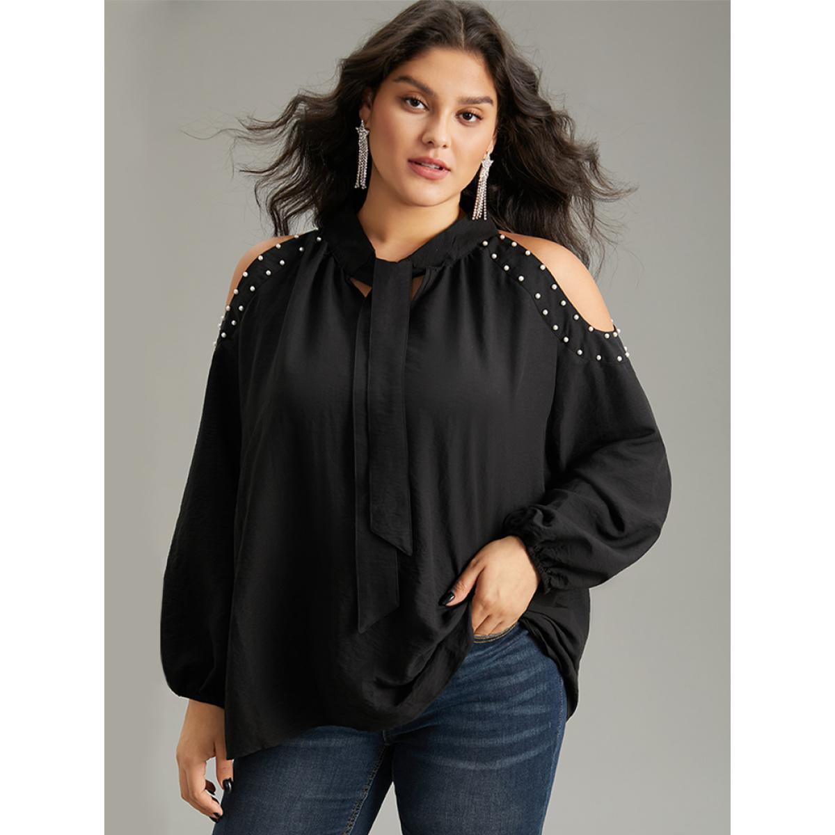 Plus Size Black Pearl Beaded Cold Shoulder Keyhole Bowknot Blouse Women Glamour Long Sleeve Cold Shoulder Going out Blouses BloomChic 22-24/3X Product Image