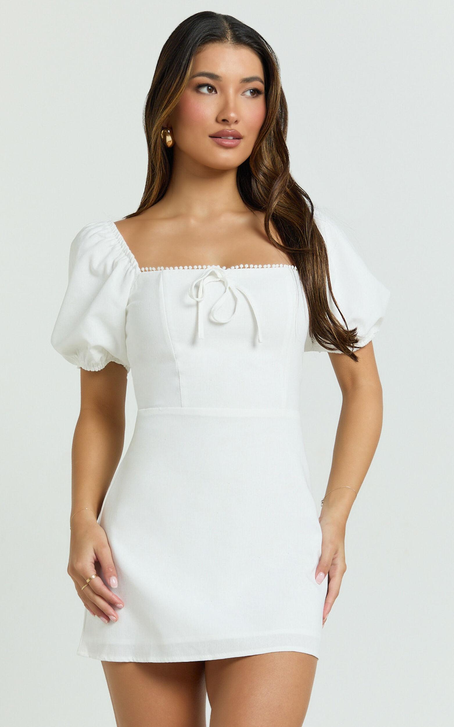Jules Mini Dress - Puff Sleeve Square Neck Fit And Flare Dress in White Product Image