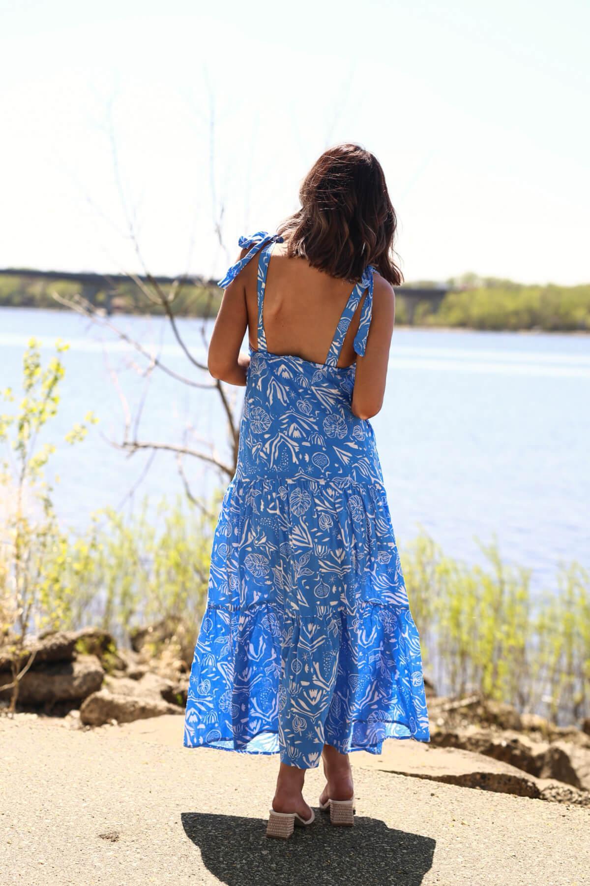 Blue and White Print Tiered Maxi Dress - FINAL SALE Product Image