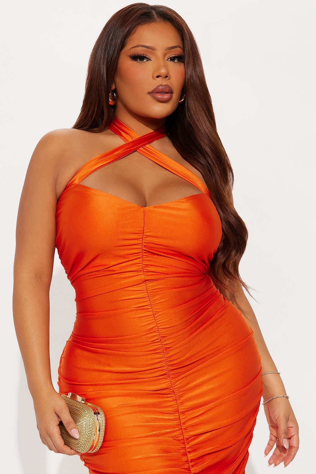 Rebecca Ruched Halter Midi Dress - Orange Female Product Image