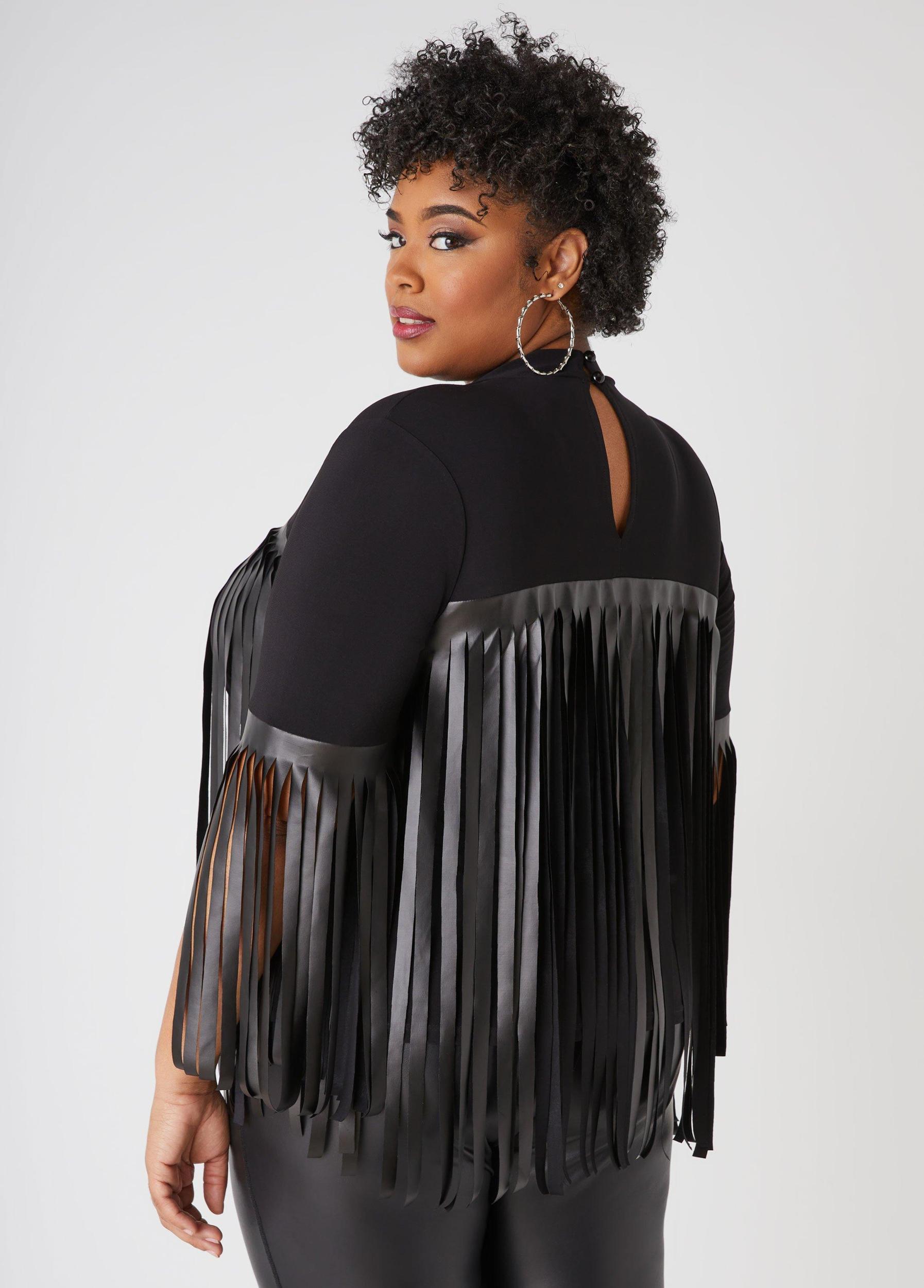 Fringed Faux Leather Knit Top Product Image