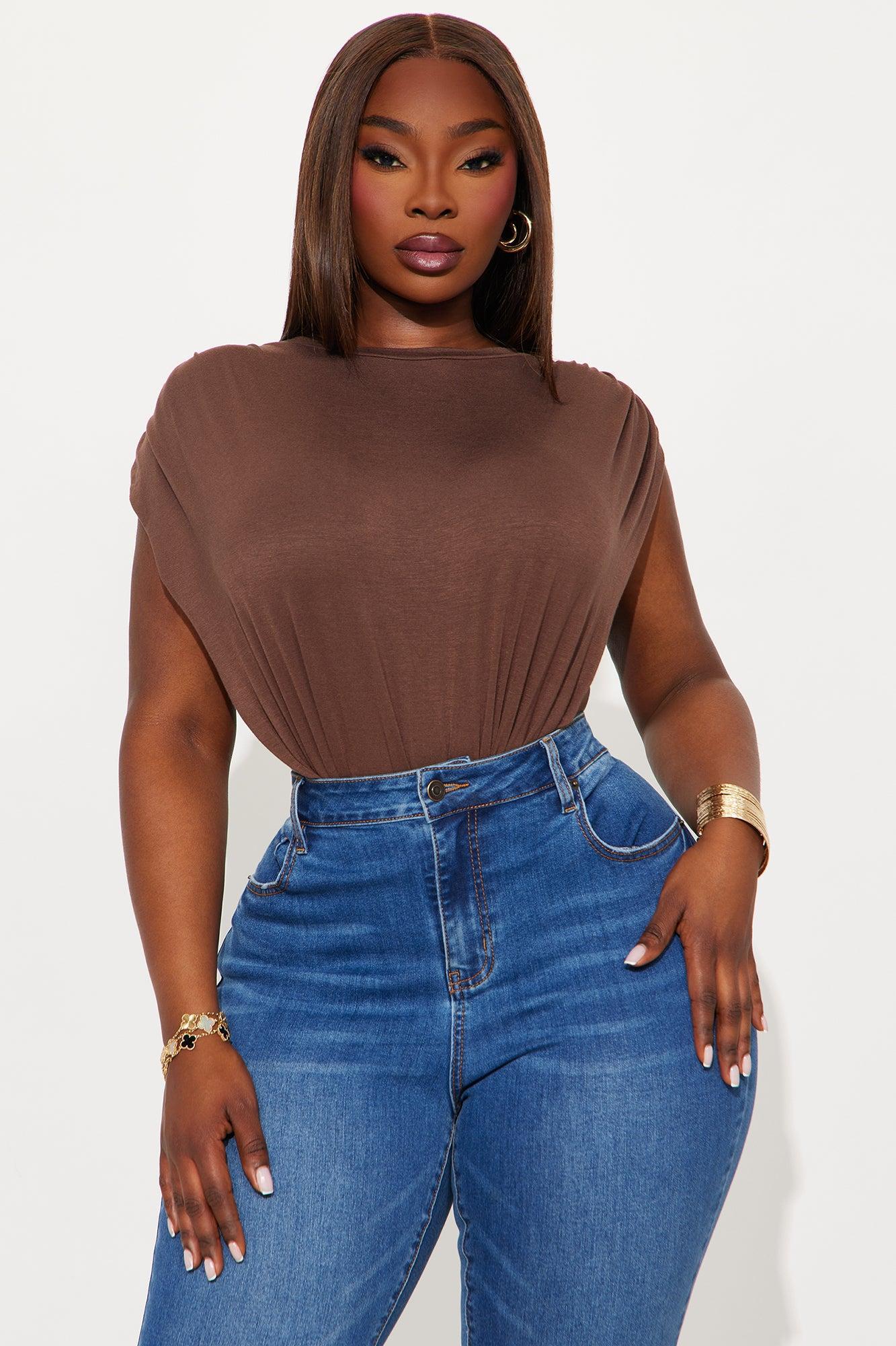 Open Concept Ruched Sleeveless Bodysuit - Chocolate Product Image