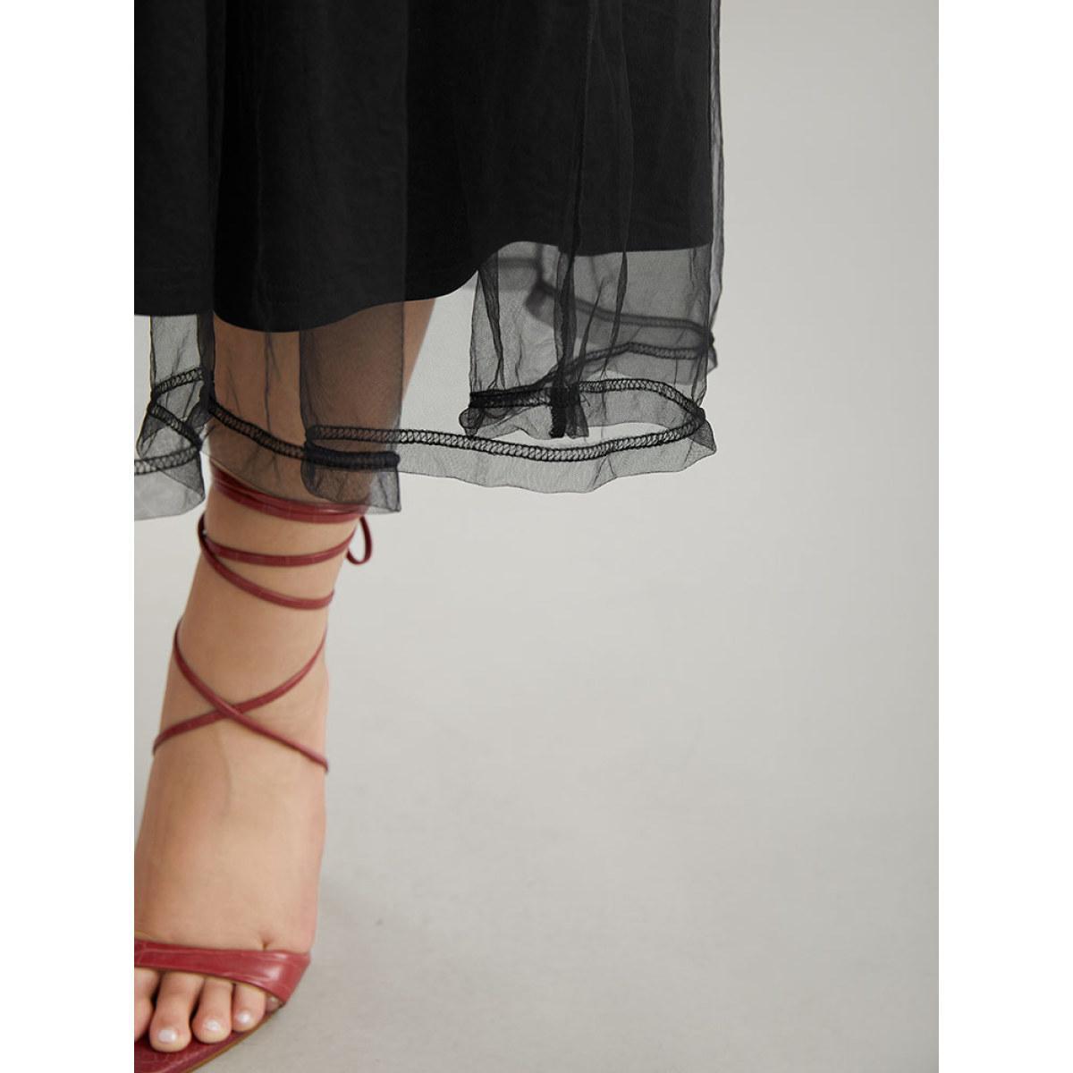 Plus Size Butterfly Embroidered Mesh Gathered Patchwork Dress Black Women Party Elastic cuffs V-neck Long Sleeve Curvy Midi Dress BloomChic 30/6X Product Image