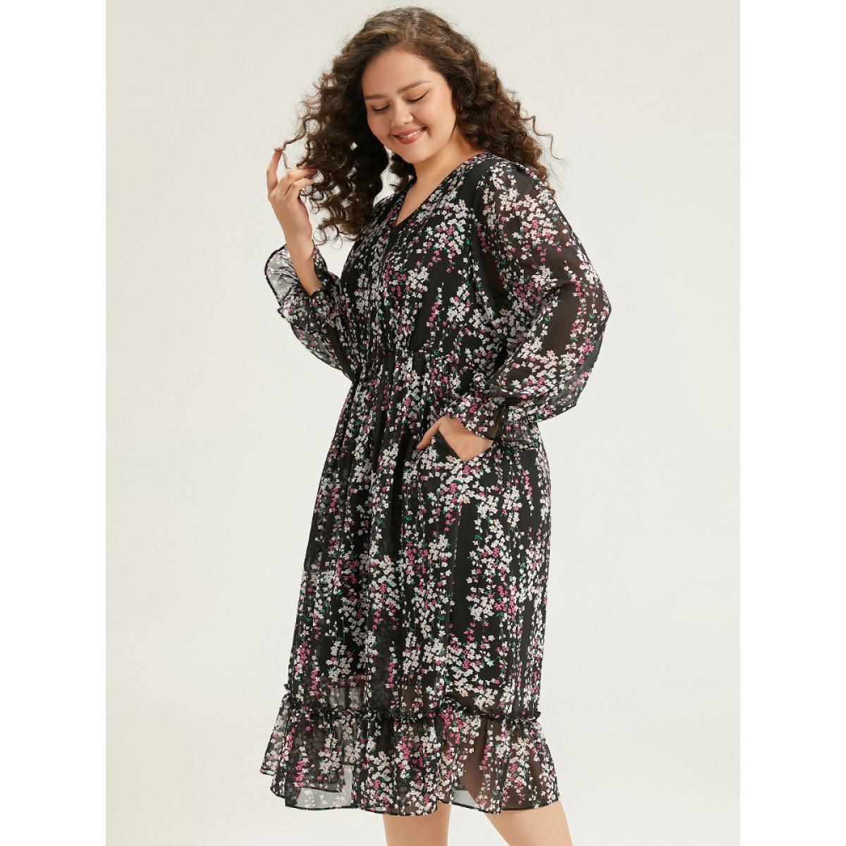 Plus Size Ditsy Floral Chiffon Patchwork Frill Trim Dress Black Women Elegant See through V-neck Long Sleeve Curvy Midi Dress BloomChic 12/L Product Image