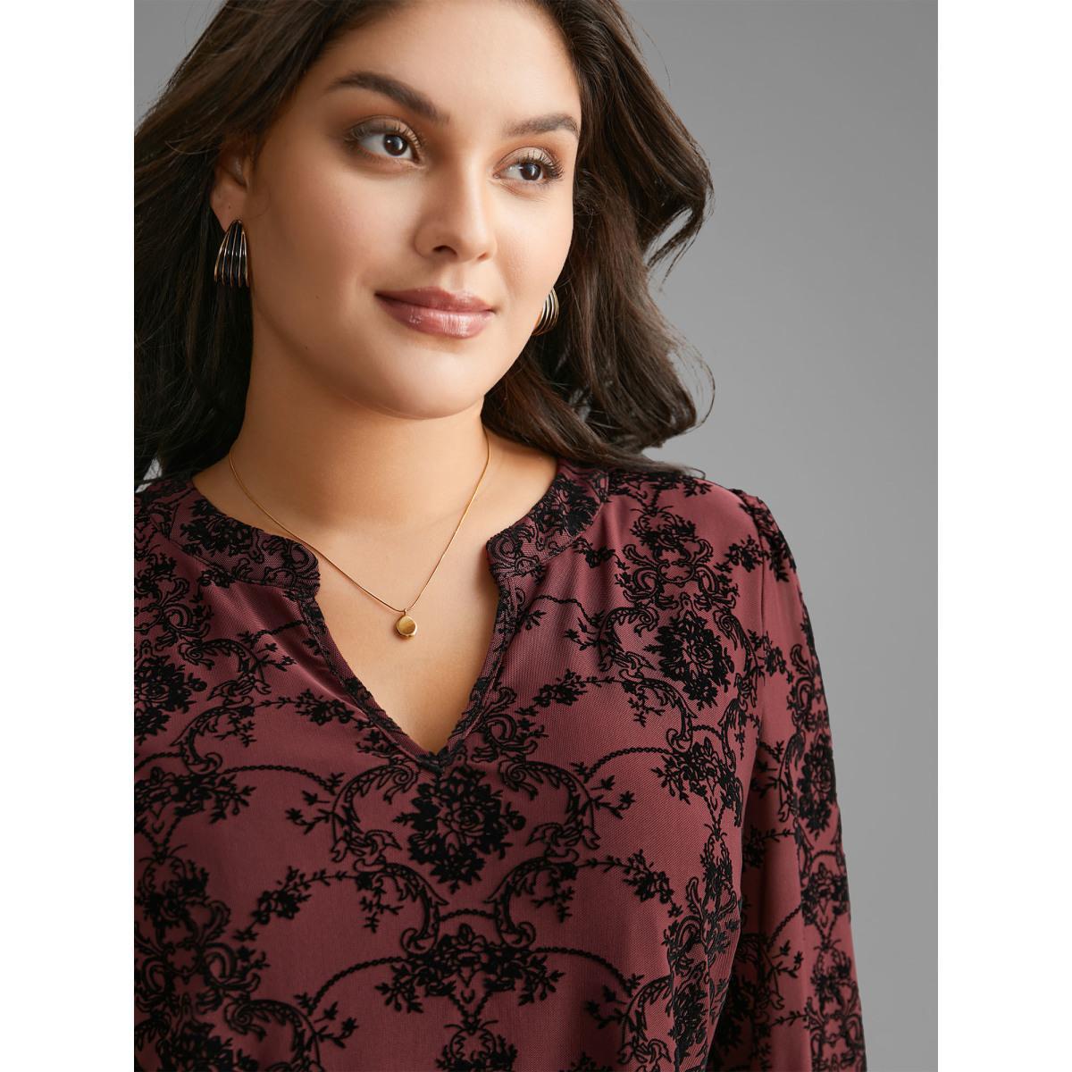 Plus Size Burgundy Boho Print Flocking Mesh Blouse Women Elegant Elbow-length sleeve Flat collar with V-notch Everyday Blouses BloomChic 26/4X Product Image