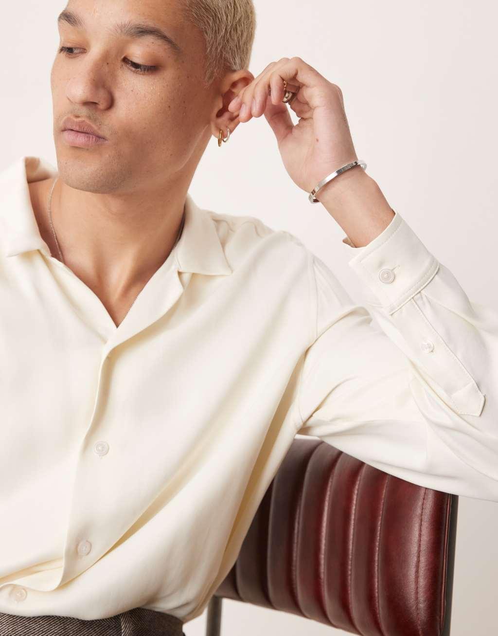 ASOS DESIGN relaxed cropped satin shirt in white Product Image