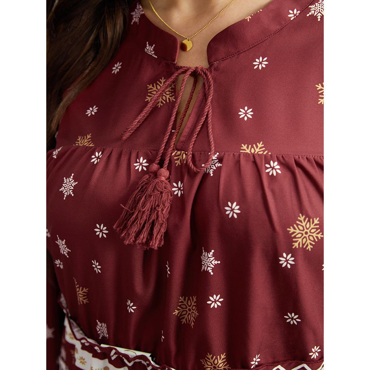 Plus Size Scarlet Christmas Print Tassels Ties Blouse Women Elegant Long Sleeve Tie Neck Festival-Christmas Blouses BloomChic 30/6X Product Image