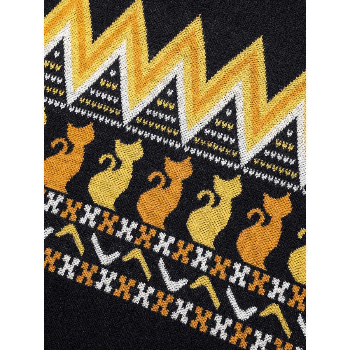 Plus Size Cat Printed Jacquard Fair Isle Pullover Black Women Casual Long Sleeve Round Neck Everyday Pullovers BloomChic 10/M Product Image