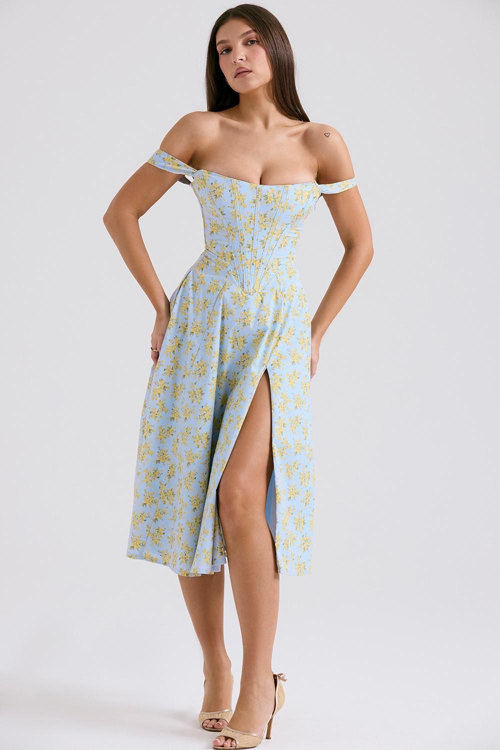 Saira Soft Blue Vintage Floral Print Cotton Midi Sundress Product Image