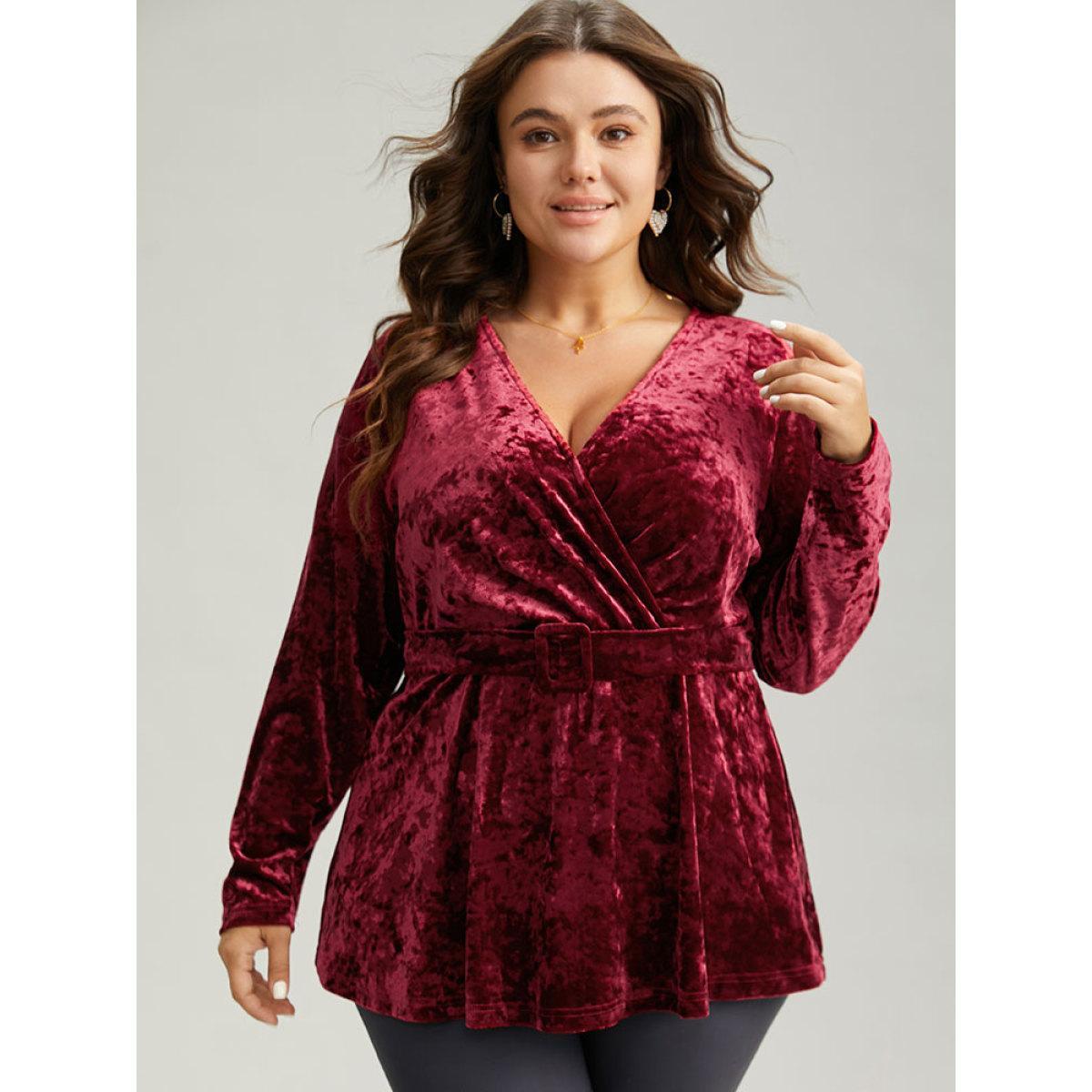 Plus Size Scarlet Velvet Overlap Collar Elastic Waist Buckle Detail Blouse Women Glamour Long Sleeve Overlap Collar Festival-Christmas Blouses BloomChic 30/6X Product Image
