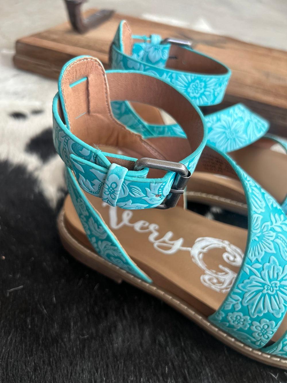 Sylvie Turquoise Tooled Strap Sandals Product Image