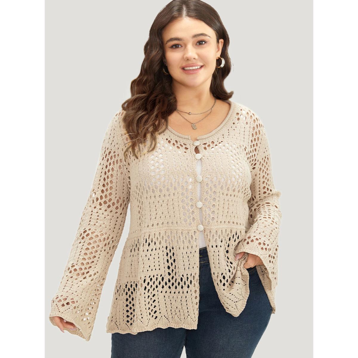Plus Size Plain Hollow Out Button Through Bell Sleeve Cardigan Beige Women Casual Loose Long Sleeve Everyday Cardigans BloomChic 22-24/3X Product Image