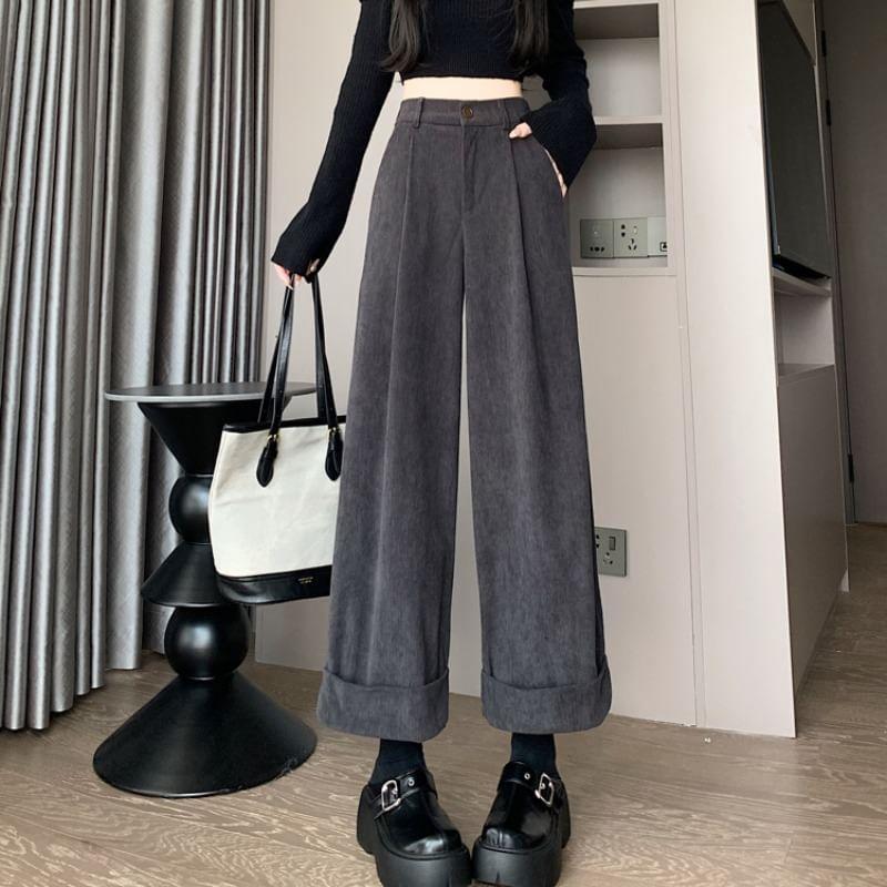 High Waist Plain Cropped Wide Leg Pants Product Image