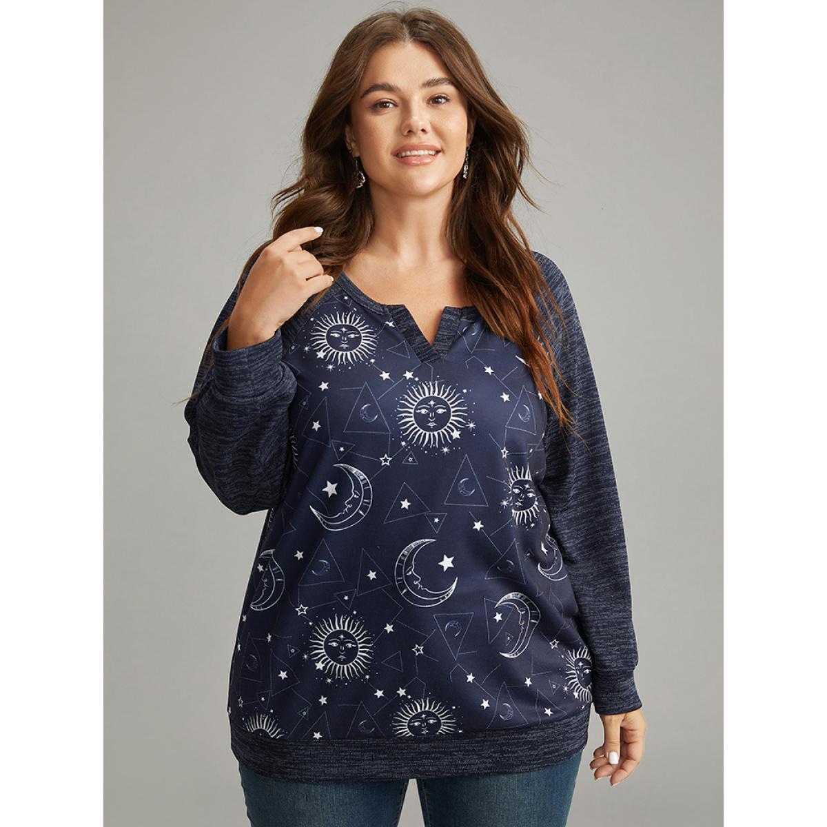 Plus Size Halloween Moon & Star Notched Raglan Sleeve Sweatshirt Women Indigo Casual Elastic cuffs Notched collar Festival-Halloween Sweatshirts BloomChic 18-20/2X Product Image