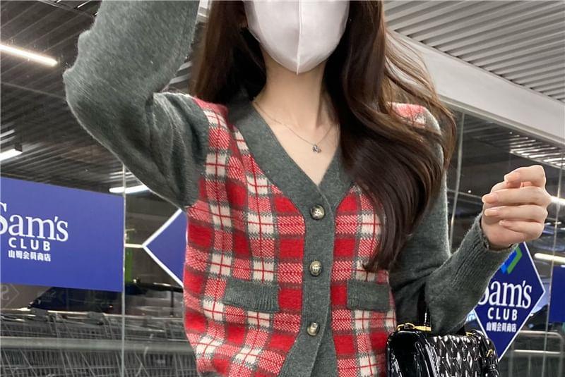 V-Neck Plaid Panel Button-Up Top Product Image