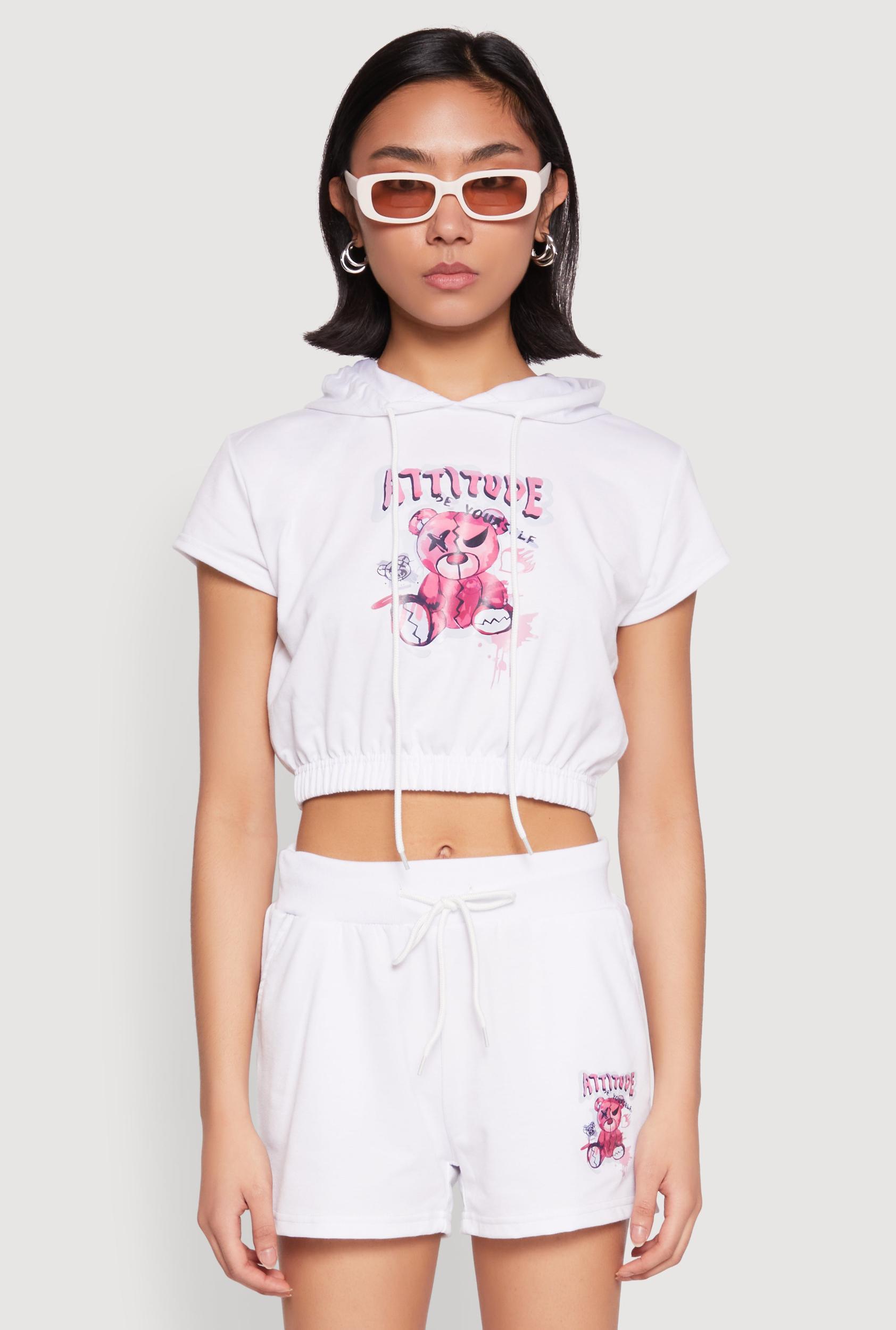 Womens French Terry Bear Graphic Cropped Hoodie Product Image