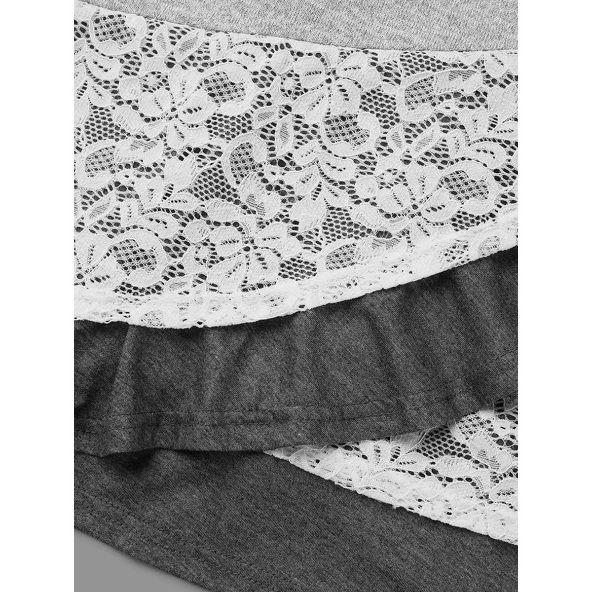 Plus Size Lace Overlap Hem Round Neck T-Shirt LightGray Women Casual Overlapping Round Neck Everyday T-shirts BloomChic 22-24/3X Product Image