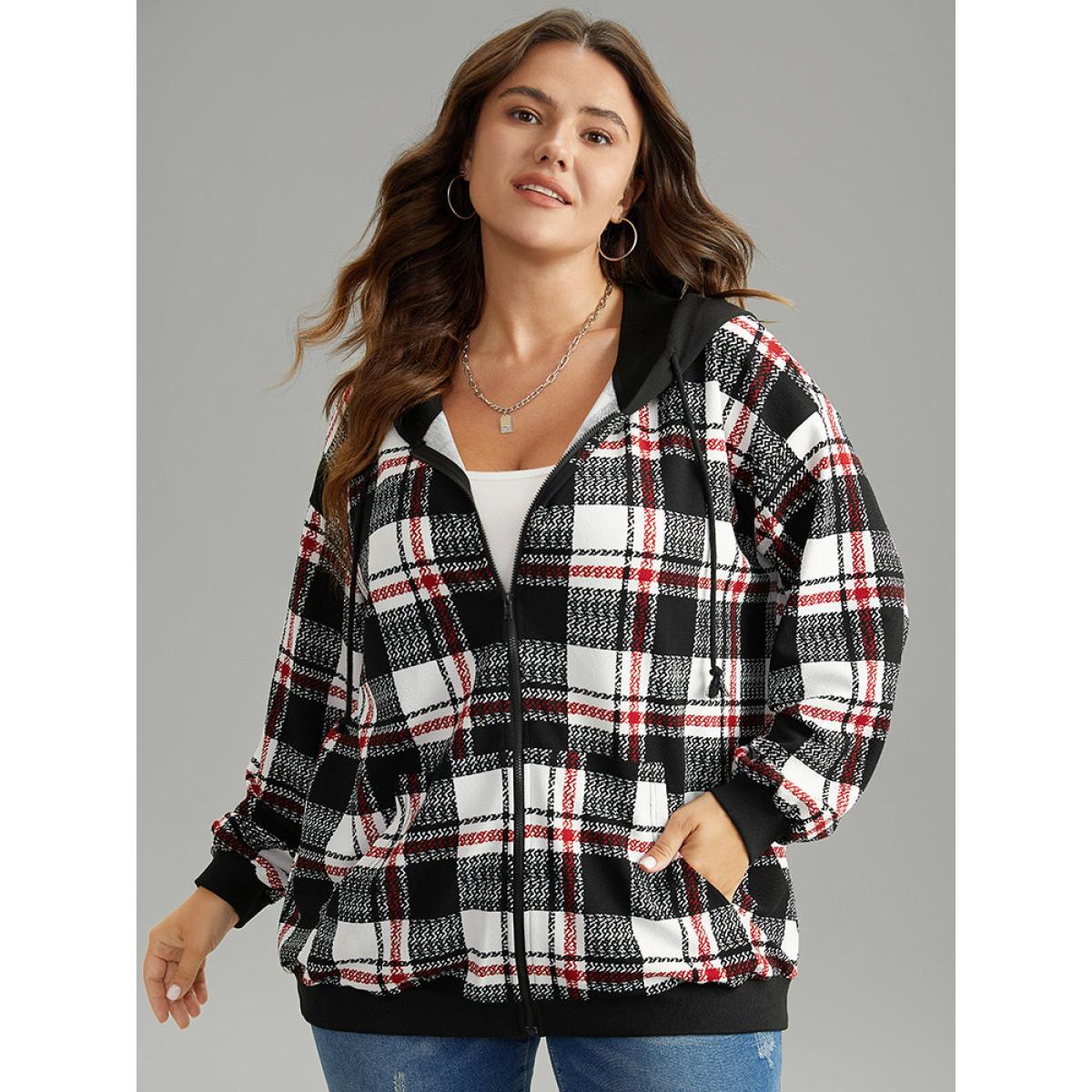 Plus Size Plaid Hooded Drawstring Zipper Sweatshirt Women Black Casual Elastic cuffs Hooded Dailywear Sweatshirts BloomChic 22-24/3X Product Image