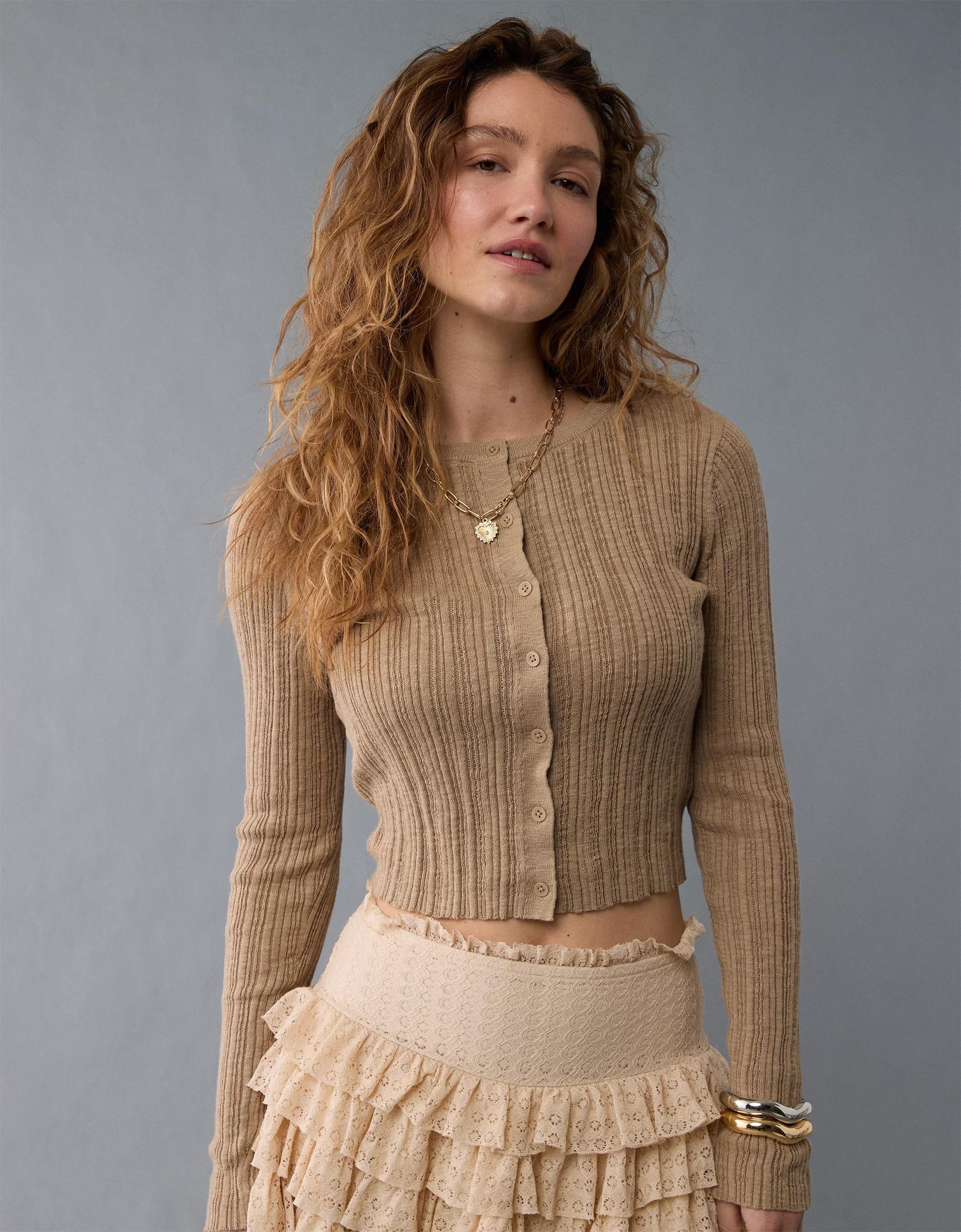 AE Ribbed Crew Neck Cardigan Product Image