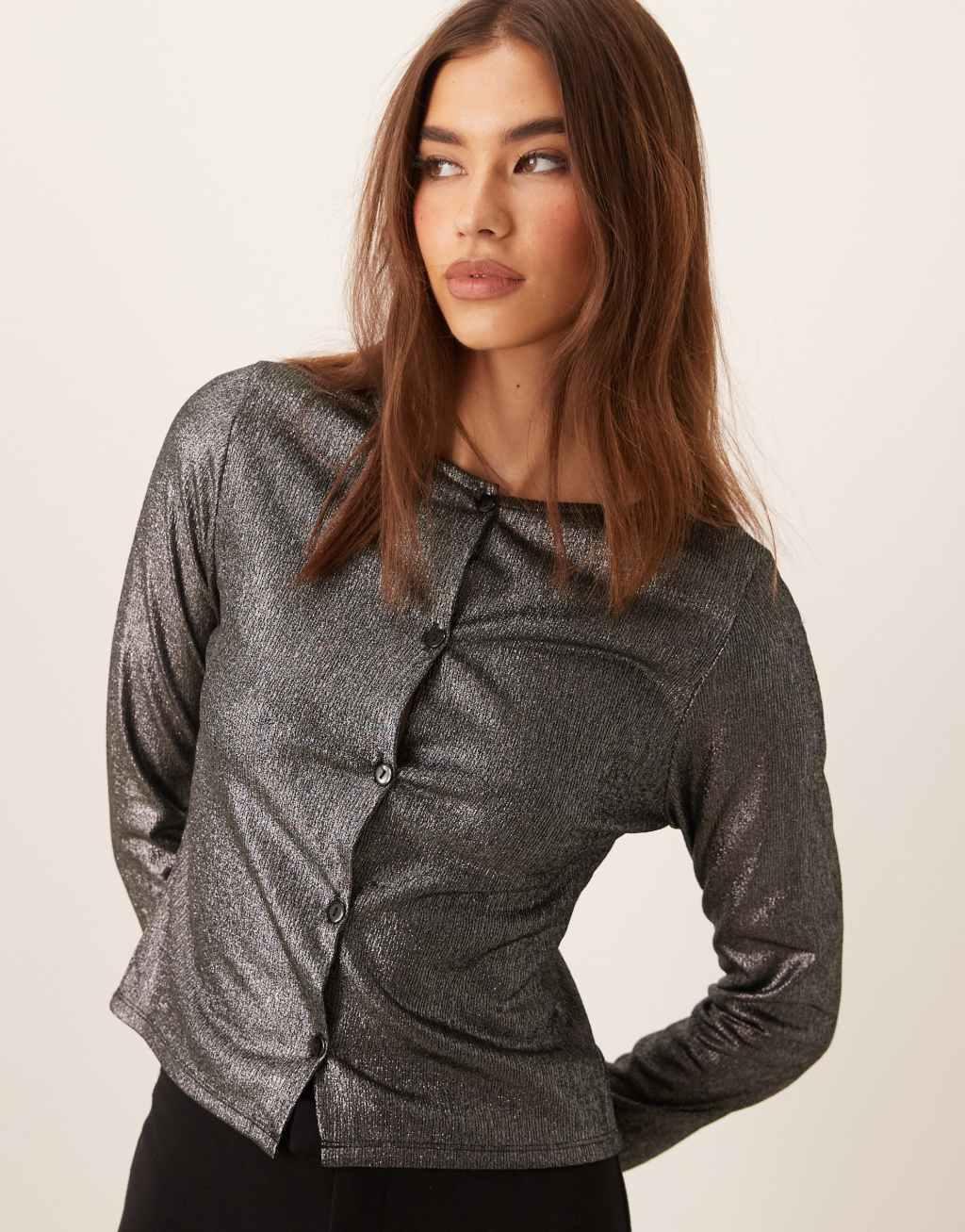 Miss Selfridge silver shimmer foil cardigan Product Image