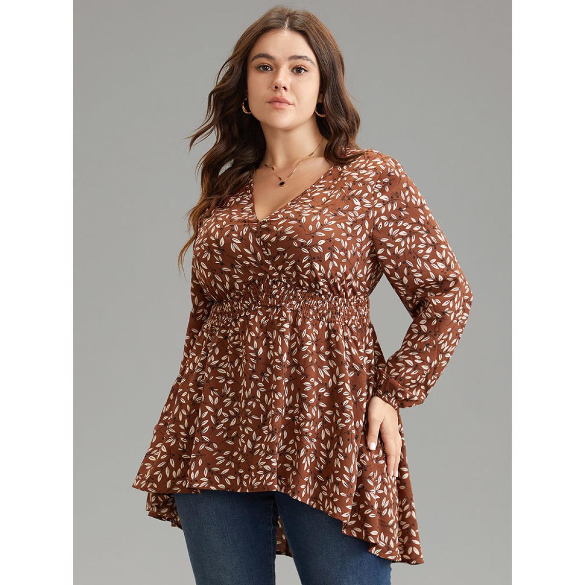 Plus Size Russet Ditsy Floral Shirred Elastic Waist High Low Hem Blouse Women Elegant Long Sleeve V-neck Everyday Blouses BloomChic 10/M Product Image