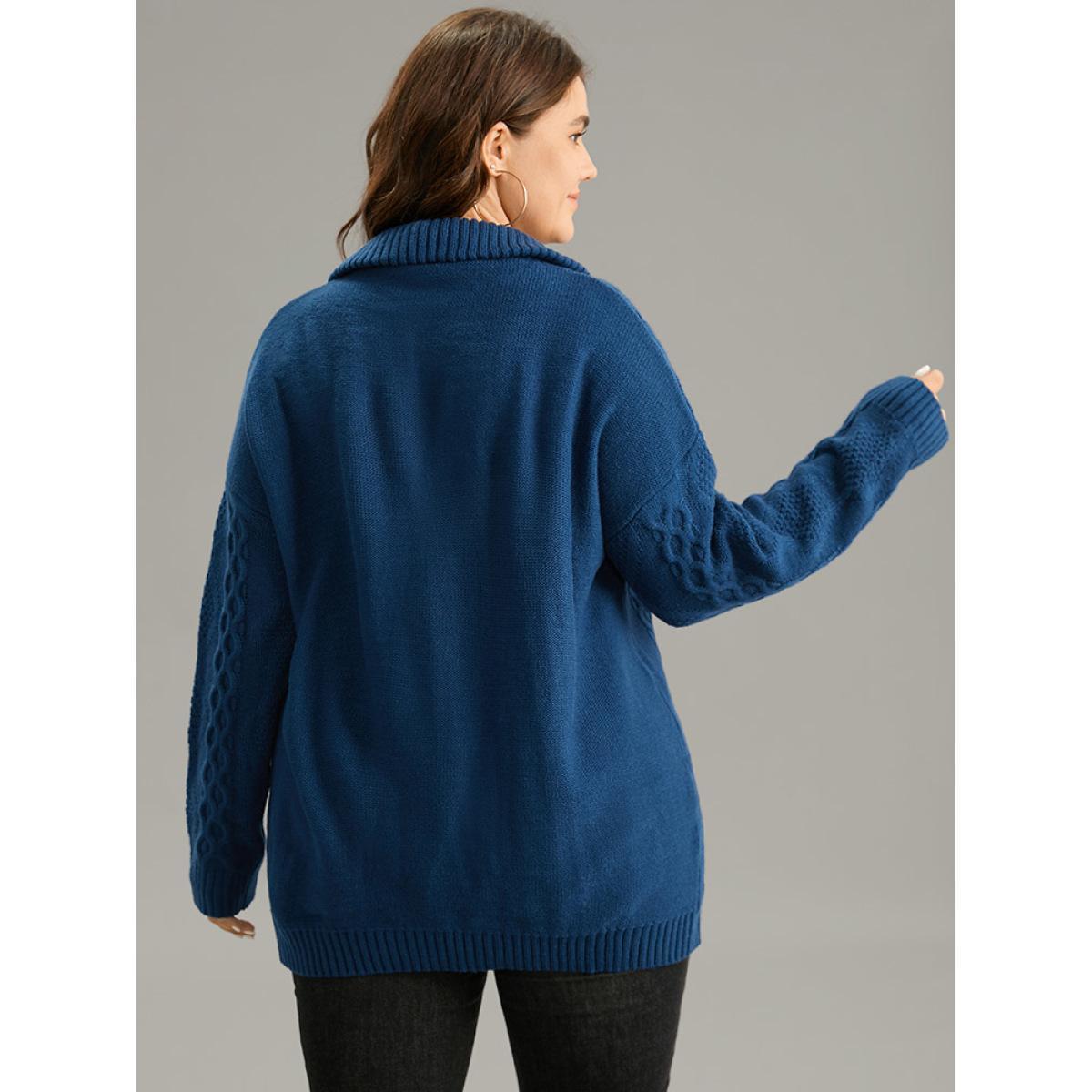 Plus Size Zipper Lapel Collar Cable Knit Pullover Indigo Women Casual Loose Long Sleeve Lapel Collar Dailywear Pullovers BloomChic 22-24/3X Product Image