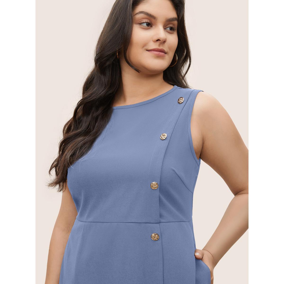 Plus Size Plain Sleeveless Button Detail Pocket Dress Stone Women Workwear Essentials Non Round Neck Sleeveless Curvy Midi Dress BloomChic 22-24/3X Product Image