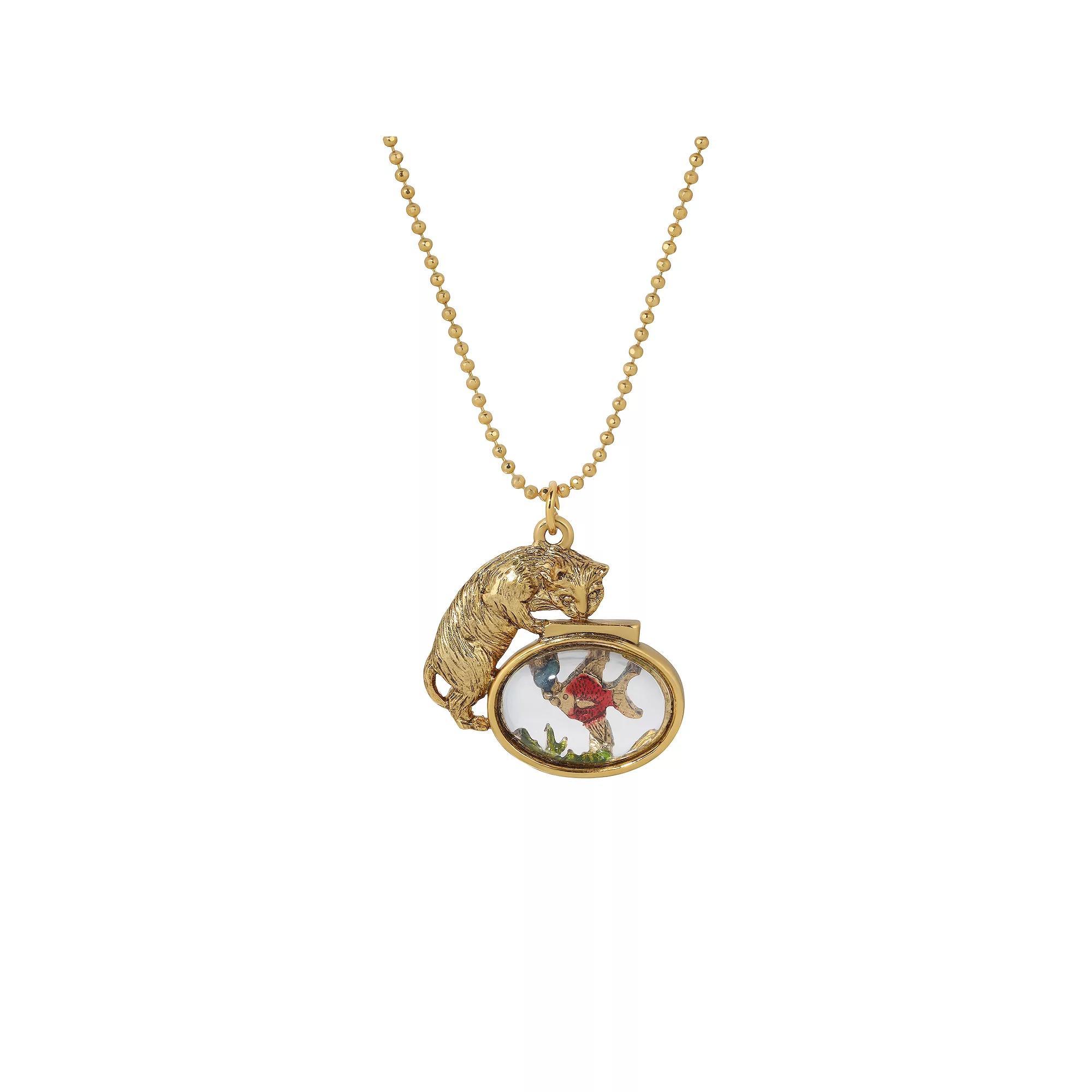 1928 Gold Tone Cat & Clear Stone Fishbowl Pendant Necklace, Womens, Yellow Product Image