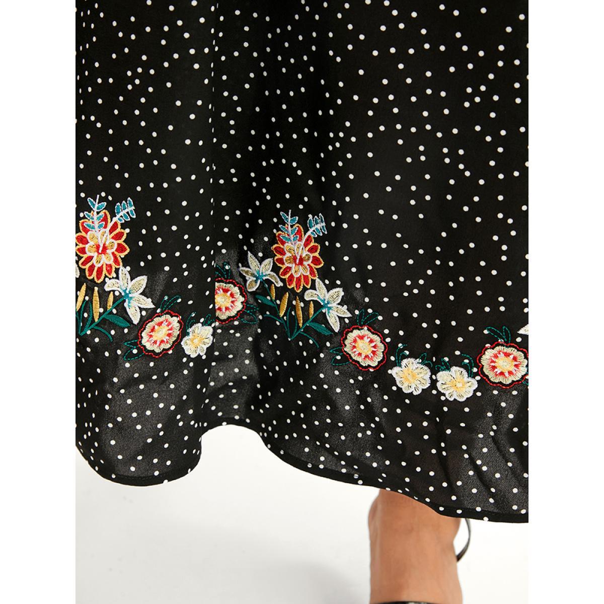 Plus Size Polka Dot Lantern Sleeve Pocket Embroidered Detail Dress Black Women Vacation Embroidered V-neck Long Sleeve Curvy Midi Dress BloomChic 14-16/1X Product Image