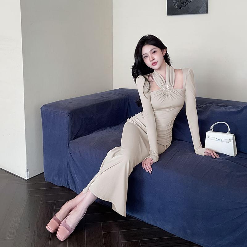 Long Sleeve Halter Plain Beaded Ruched Maxi Sheath Dress Product Image