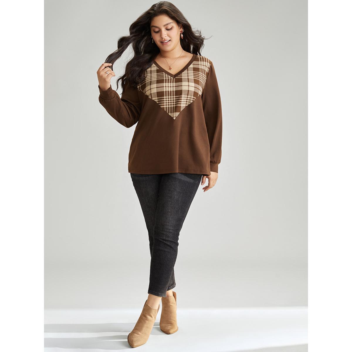 Plus Size Plaid V Neck Patchwork Elastic Cuffs Sweatshirt Women DarkBrown Casual Contrast V-neck Festival-Christmas Sweatshirts BloomChic 30/6X Product Image