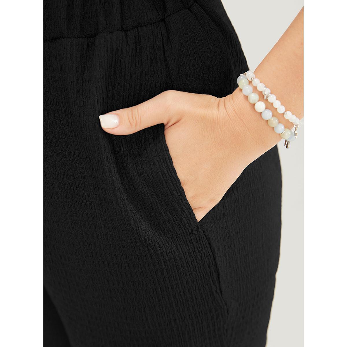 Plus Size Solid Textured Elastic Waist Pocket Bootcut Pants Women Black Casual Mid Rise Dailywear Pants BloomChic 10/M Product Image