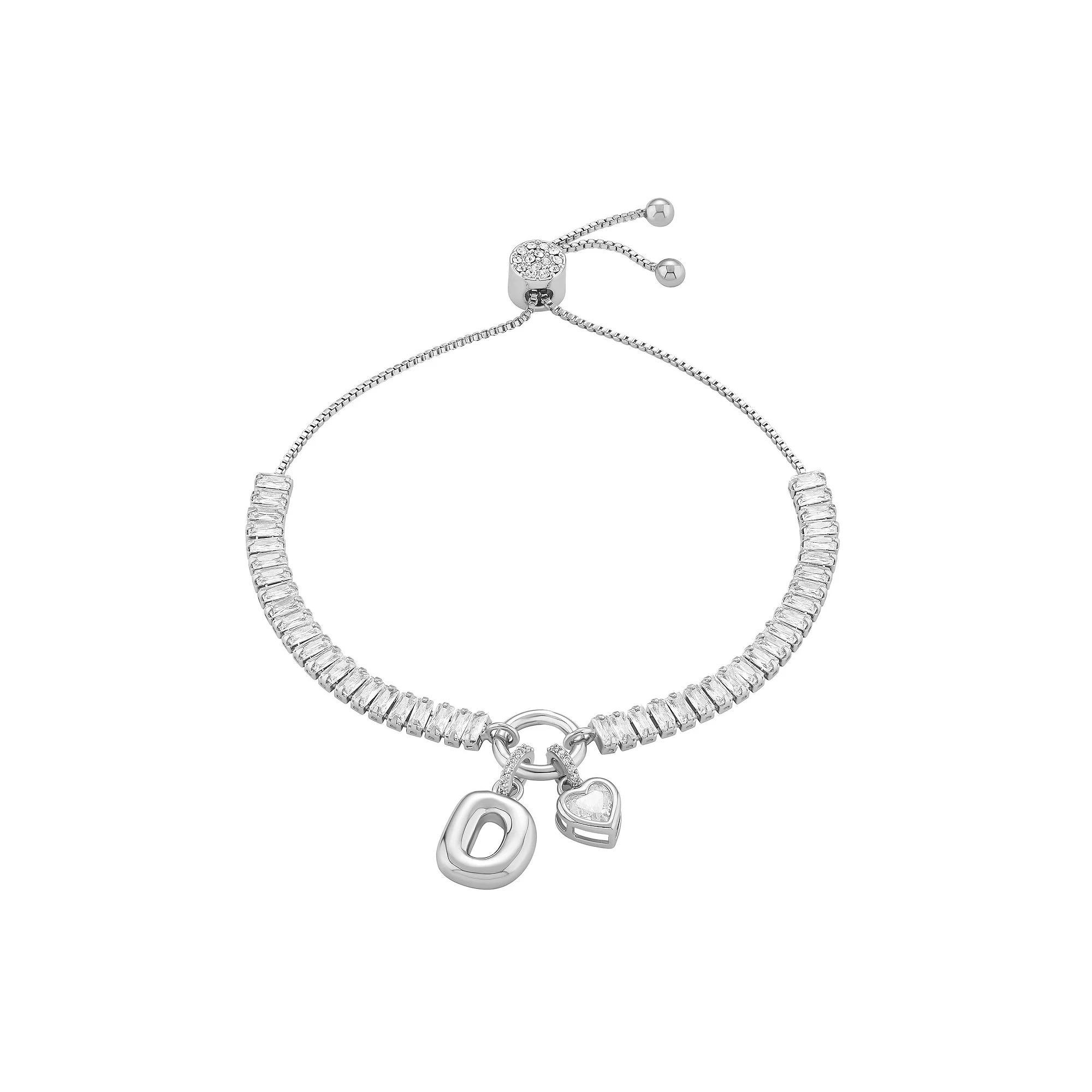 Brilliance Cubic Zirconia Heart & Polished Bubble Initial Charm Adjustable Bracelet, Women's, Size: 4-10" ADJ, Silver Tone D Product Image