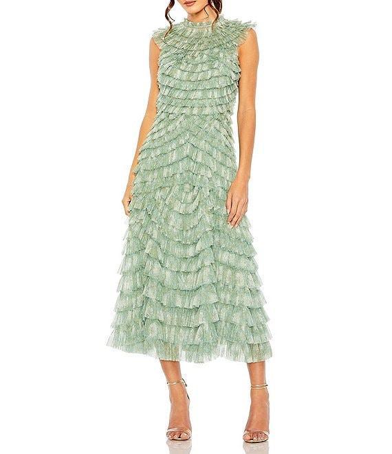 Mac Duggal Mock Neck Micro Ruffle Sleeveless Mesh Aline Midi Product Image