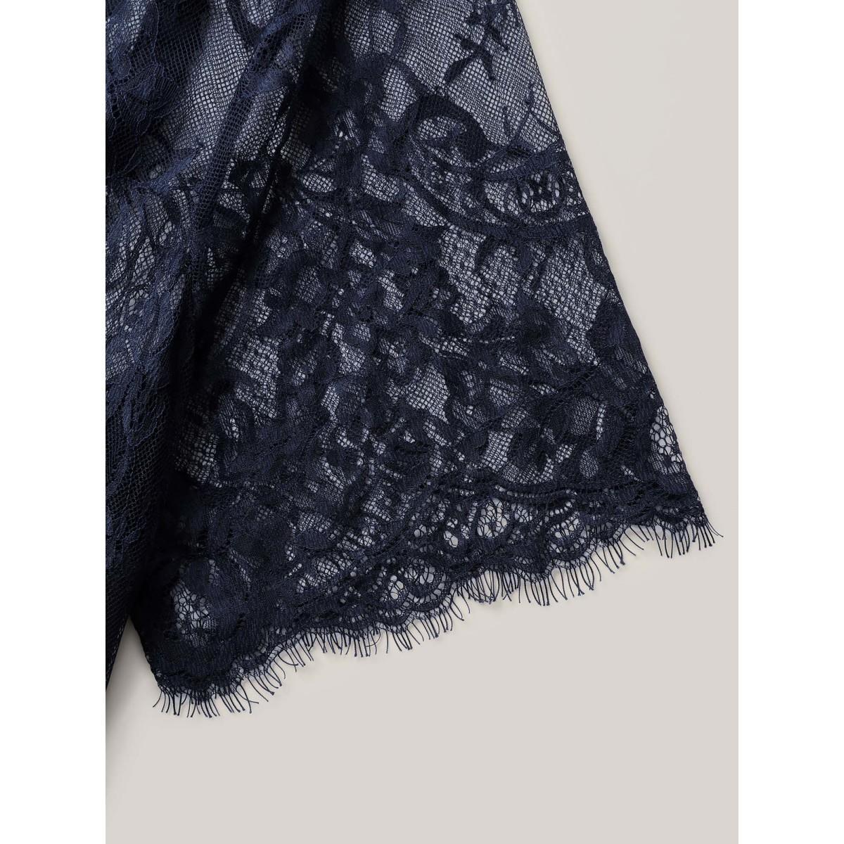 Plus Size Two-Piece Romantic Sheer Lace Lined T-Shirt Indigo Women See through Round Neck Everyday-Elegant T-shirts BloomChic 10/M Product Image