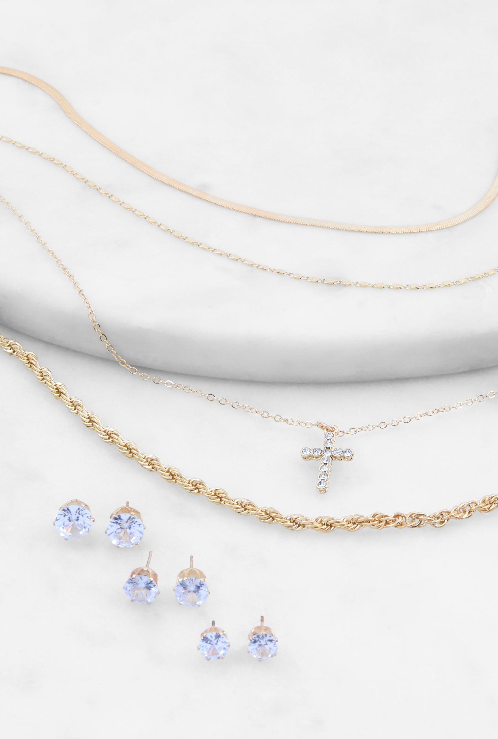 Cross Charm Layered Necklace with Stud Earring Trio Female Product Image