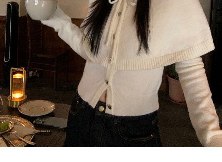Crew Neck Plain Mock Two Piece Tie Front Heart Button Cardigan Product Image