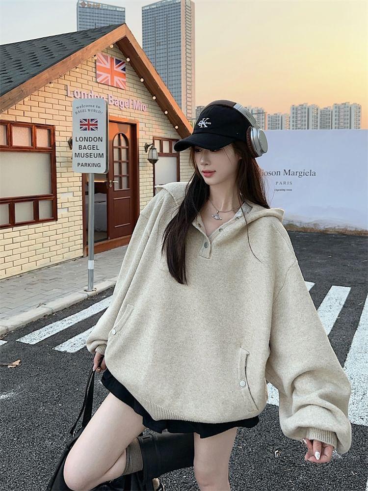 Plain Snap Button Knit Hoodie Product Image
