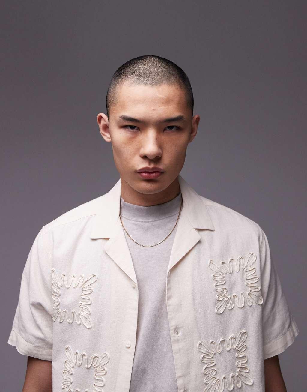 Topman short sleeve regular fit embroidered shirt set in off white Product Image