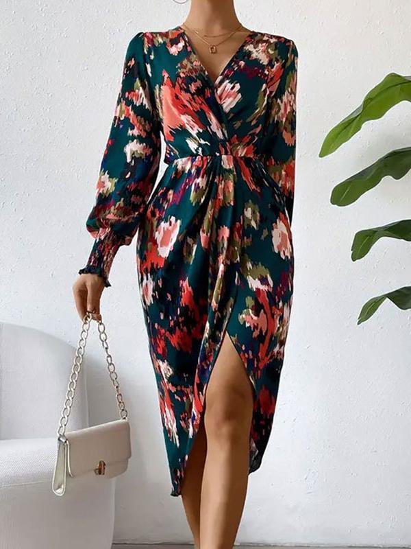 Long Sleeves Loose Elasticity Floral Printed V-Neck Midi Dresses Shirt Dress Product Image